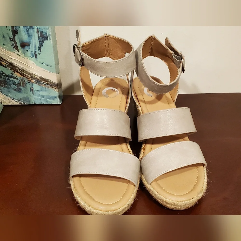 Cream/ Beige Espadrille Wedge Sandals with Adjustable Ankle Strap, Size 6.5
